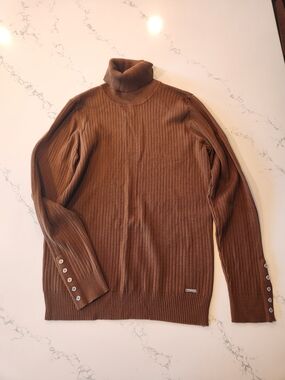 Calvin Klein Chocolate Brown Ribbed Turtleneck Sweater with Button Cuffs
